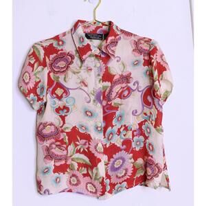 Vintage Colorful Floral Silk Short Sleeve Blouse - Small
